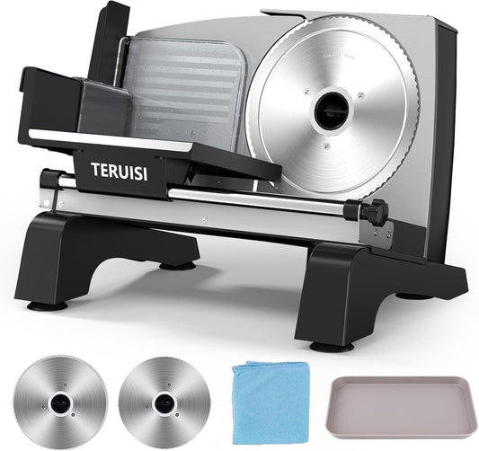 Electric Meat Slicer, 200W Deli Slicer with 2 Stainless Steel 7.5" Blades, 0-18mm Adjustable Thickness, Food Slicer Machine with Food Tray, Towel for Home, Bacon, Bread, Jerky, 110V Ham Slicer
