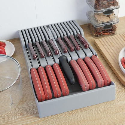 In Drawer Cutter Block, 16 Slots Plastic Cutlery Storage Organizer with Sharpening Stone Slot, for Kitchen Knife Holder (Gray)