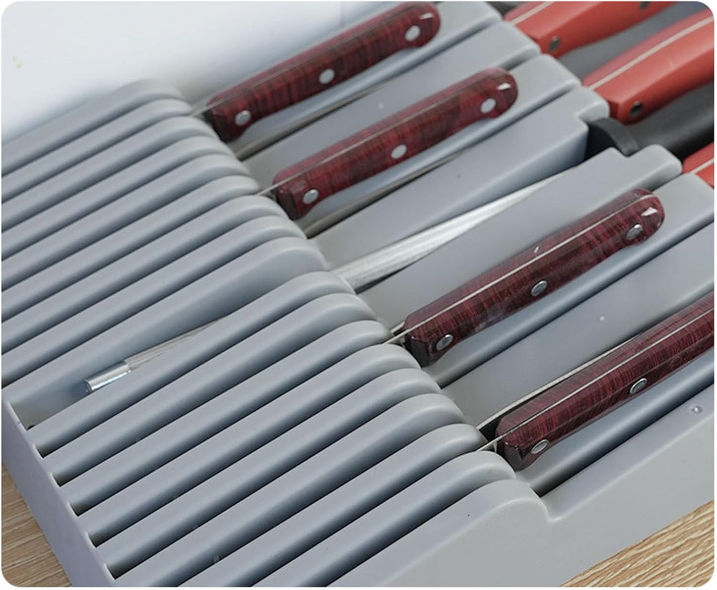 In Drawer Cutter Block, 16 Slots Plastic Cutlery Storage Organizer with Sharpening Stone Slot, for Kitchen Knife Holder (Gray)