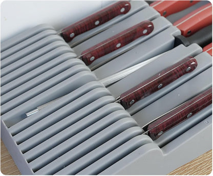 In Drawer Cutter Block, 16 Slots Plastic Cutlery Storage Organizer with Sharpening Stone Slot, for Kitchen Knife Holder (Gray)