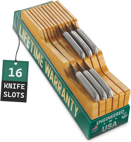 100% Pure Bamboo Knife Drawer Organizer, Knife Block - 16 Slots
