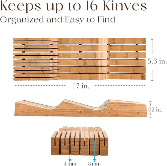 100% Pure Bamboo Knife Drawer Organizer, Knife Block - 16 Slots