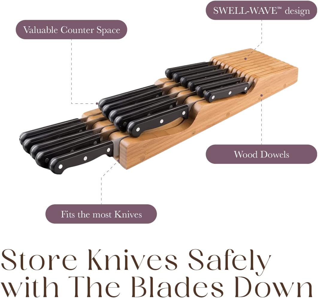 100% Pure Bamboo Knife Drawer Organizer, Knife Block - 16 Slots