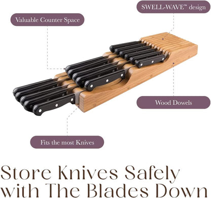 100% Pure Bamboo Knife Drawer Organizer, Knife Block - 16 Slots