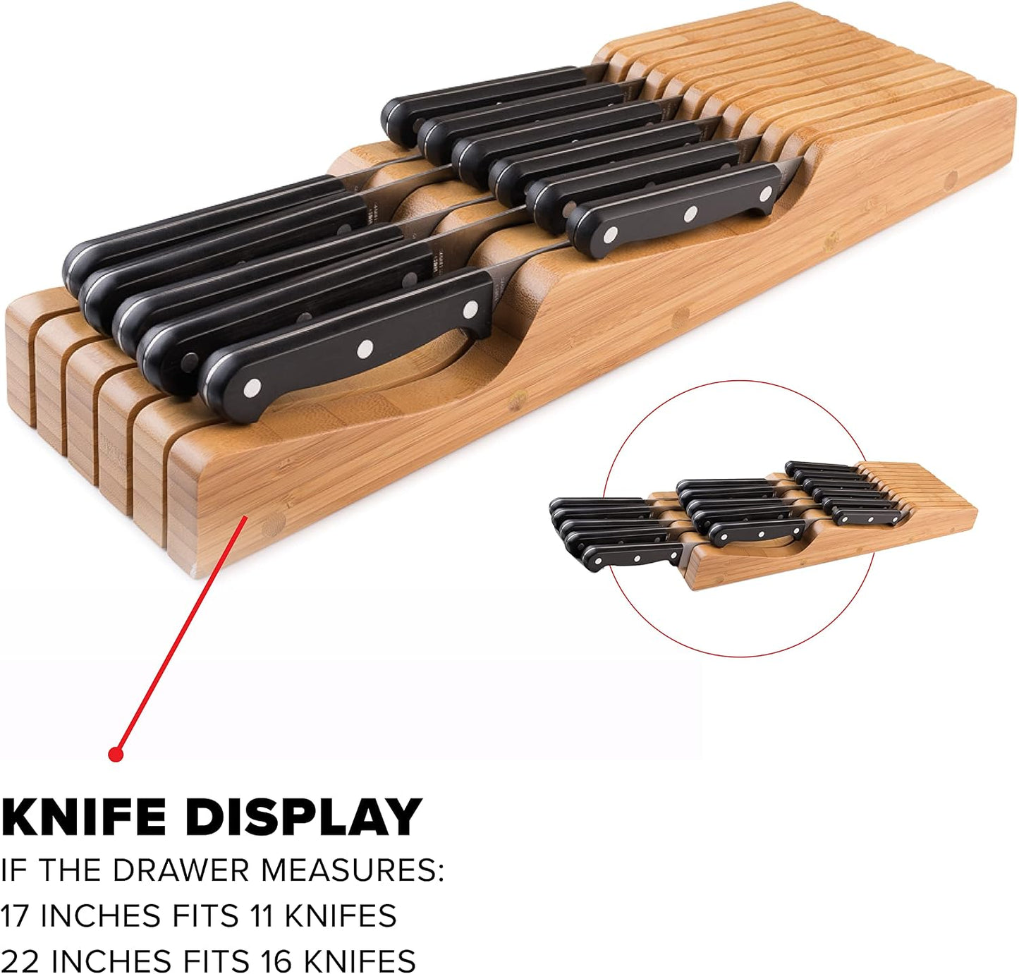 100% Pure Bamboo Knife Drawer Organizer, Knife Block - 16 Slots