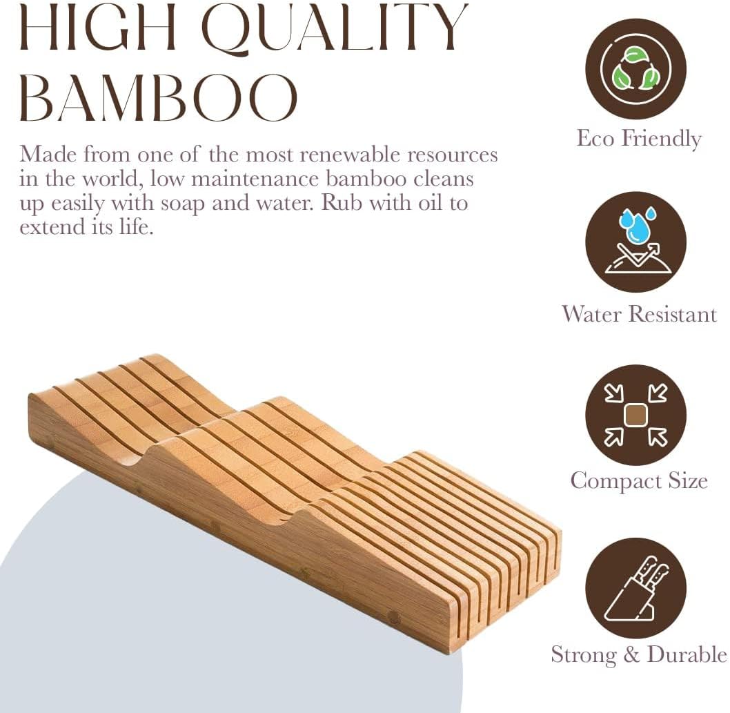 100% Pure Bamboo Knife Drawer Organizer, Knife Block - 16 Slots