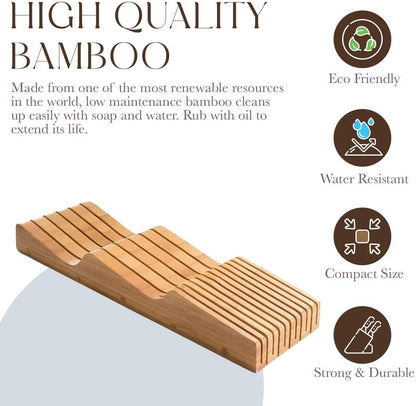 100% Pure Bamboo Knife Drawer Organizer, Knife Block - 16 Slots