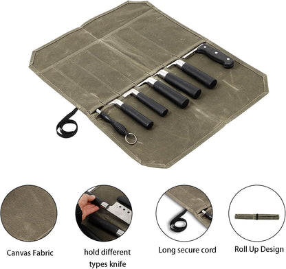 Knife Roll,Chef Knife Roll Bag,Waxed Canvas Knife Roll Case with 7 Slots,Portable Knife Wrap,Kitchen Knife Storage Case,Chef Tools Protector,Culinary Knife Bags,Travel Tool Roll Pouch,Knives Pouch
