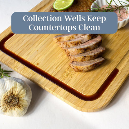 3-Piece Bamboo Cutting Board Set – Cutting Boards for Kitchen with Juice Groove & Collection Well – Large, Medium & Small Sizes for Food Prep & Charcuterie