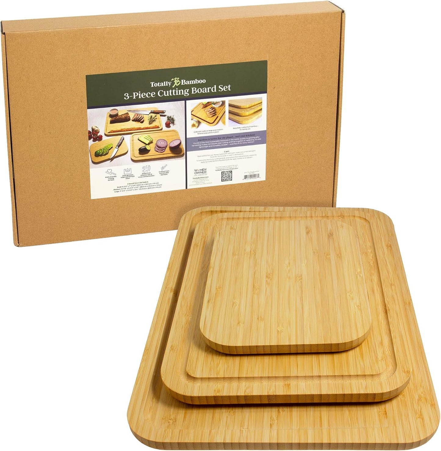 3-Piece Bamboo Cutting Board Set – Cutting Boards for Kitchen with Juice Groove & Collection Well – Large, Medium & Small Sizes for Food Prep & Charcuterie