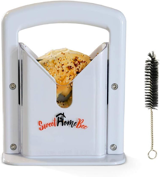 Bagel Slicer, Stainless Steel Kitchen Guillotine Cutter with Safe Grip and Safety Shield for Bagels, Breads, Muffins, Buns, Rolls - Fast, Easy And Safe, White