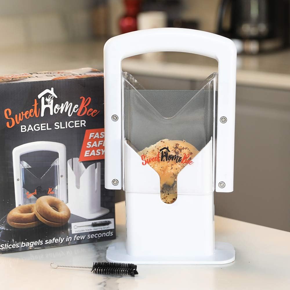 Bagel Slicer, Stainless Steel Kitchen Guillotine Cutter with Safe Grip and Safety Shield for Bagels, Breads, Muffins, Buns, Rolls - Fast, Easy And Safe, White