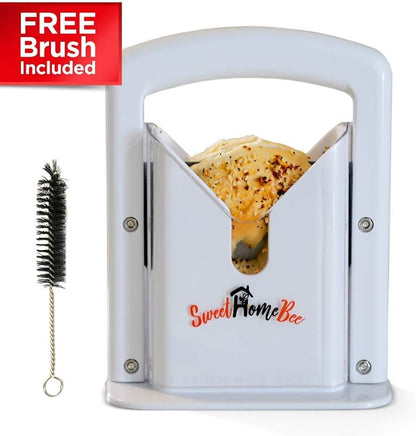 Bagel Slicer, Stainless Steel Kitchen Guillotine Cutter with Safe Grip and Safety Shield for Bagels, Breads, Muffins, Buns, Rolls - Fast, Easy And Safe, White