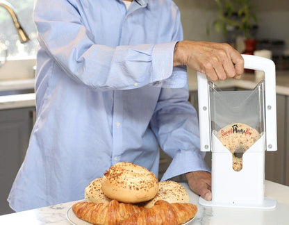 Bagel Slicer, Stainless Steel Kitchen Guillotine Cutter with Safe Grip and Safety Shield for Bagels, Breads, Muffins, Buns, Rolls - Fast, Easy And Safe, White