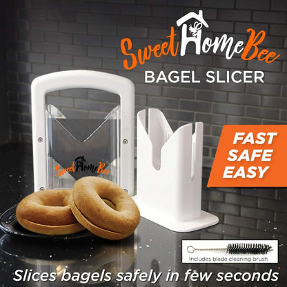 Bagel Slicer, Stainless Steel Kitchen Guillotine Cutter with Safe Grip and Safety Shield for Bagels, Breads, Muffins, Buns, Rolls - Fast, Easy And Safe, White