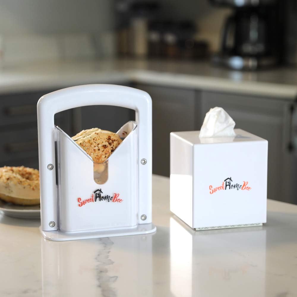 Bagel Slicer, Stainless Steel Kitchen Guillotine Cutter with Safe Grip and Safety Shield for Bagels, Breads, Muffins, Buns, Rolls - Fast, Easy And Safe, White