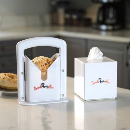 Bagel Slicer, Stainless Steel Kitchen Guillotine Cutter with Safe Grip and Safety Shield for Bagels, Breads, Muffins, Buns, Rolls - Fast, Easy And Safe, White