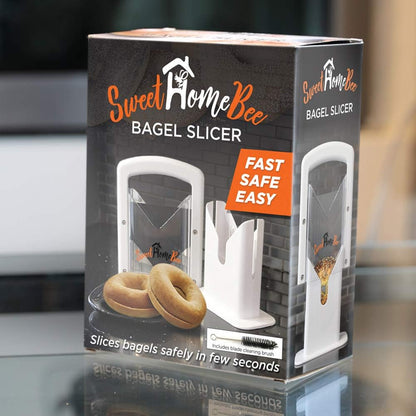 Bagel Slicer, Stainless Steel Kitchen Guillotine Cutter with Safe Grip and Safety Shield for Bagels, Breads, Muffins, Buns, Rolls - Fast, Easy And Safe, White