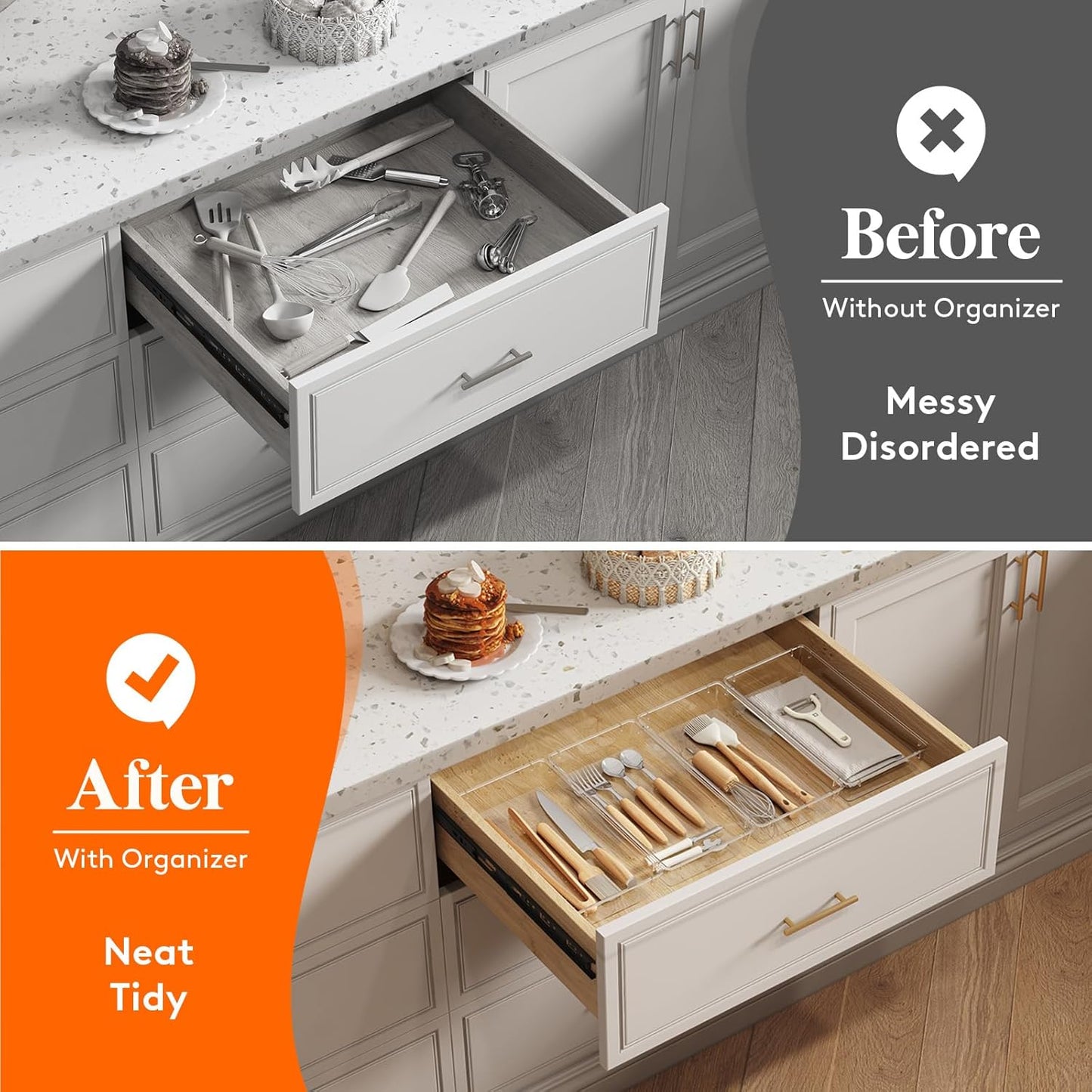 Silverware Drawer Organizer, 5.75" x 11.65" Clear Utensil Tray for Kitchen Drawer, Stackable Plastic Flatware and Cutlery Storage Box Divider for Spoons Forks Knives Tools, 2 Pack