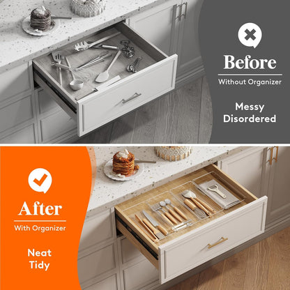 Silverware Drawer Organizer, 5.75" x 11.65" Clear Utensil Tray for Kitchen Drawer, Stackable Plastic Flatware and Cutlery Storage Box Divider for Spoons Forks Knives Tools, 2 Pack