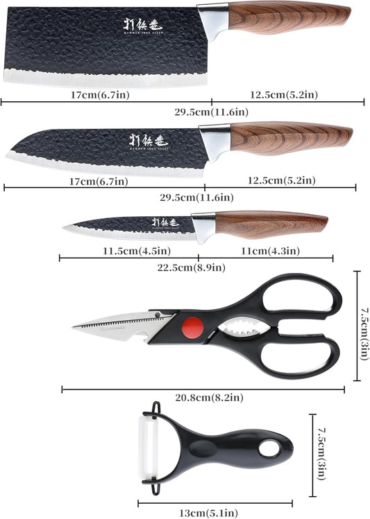 5 PCS kitchen Chef Knife Set, include 7 inch cleaver, 7 inch Santoku, 4.5 inch utility knife, Kitchen Scissors and Peeler