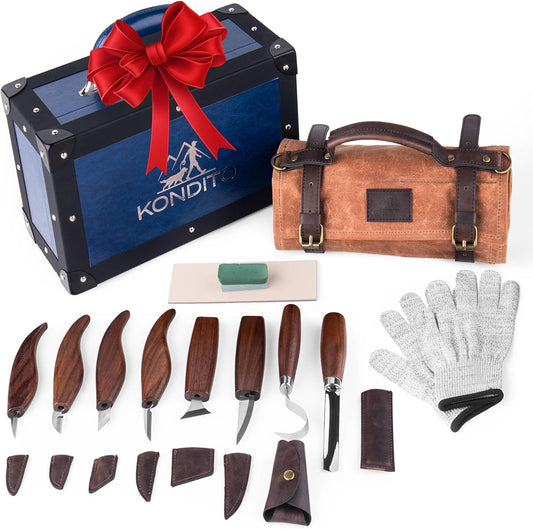 Complete Wood Carving Kit – Premium Carving Knives Set with 7Cr17 Steel Blades, Safety Gloves, Honing Strop, Roll Bag & Gift Storage Case – Woodworking Tool Set for Adults & Beginners