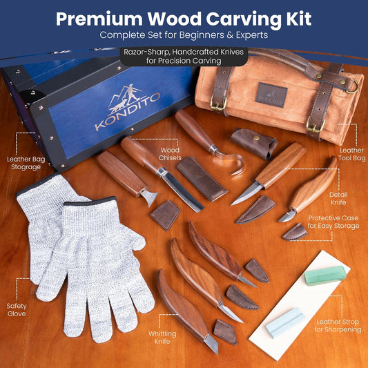 Complete Wood Carving Kit – Premium Carving Knives Set with 7Cr17 Steel Blades, Safety Gloves, Honing Strop, Roll Bag & Gift Storage Case – Woodworking Tool Set for Adults & Beginners