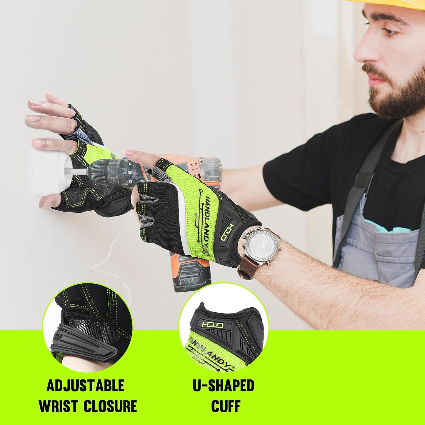 Fingerless Work Gloves for Men Utility Padded Half Finger Driving Working Gloves (Large, Green)