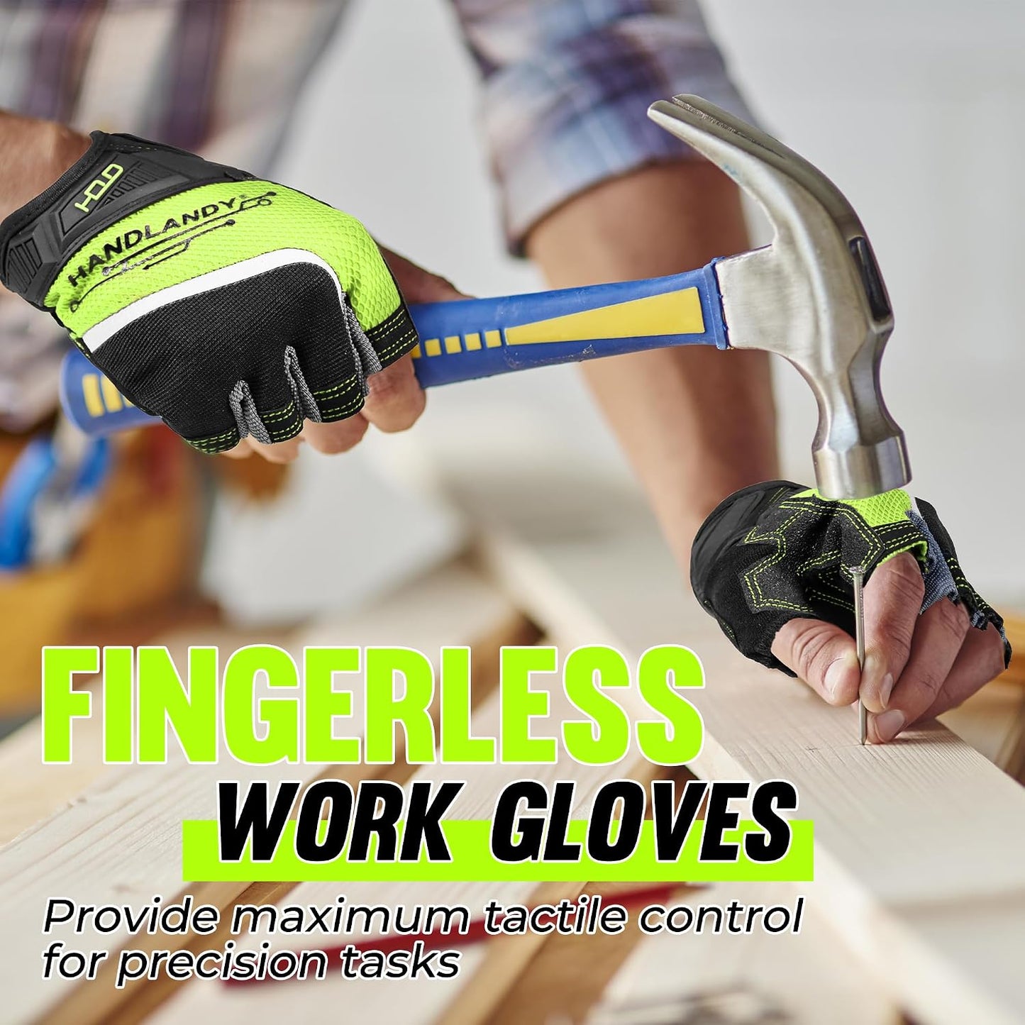 Fingerless Work Gloves for Men Utility Padded Half Finger Driving Working Gloves (Large, Green)