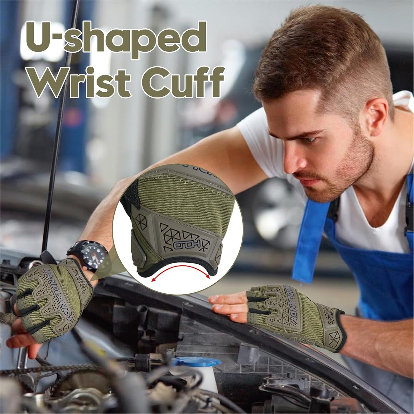 Fingerless Work Gloves for Men Utility Padded Half Finger Driving Working Gloves (Large, Green)