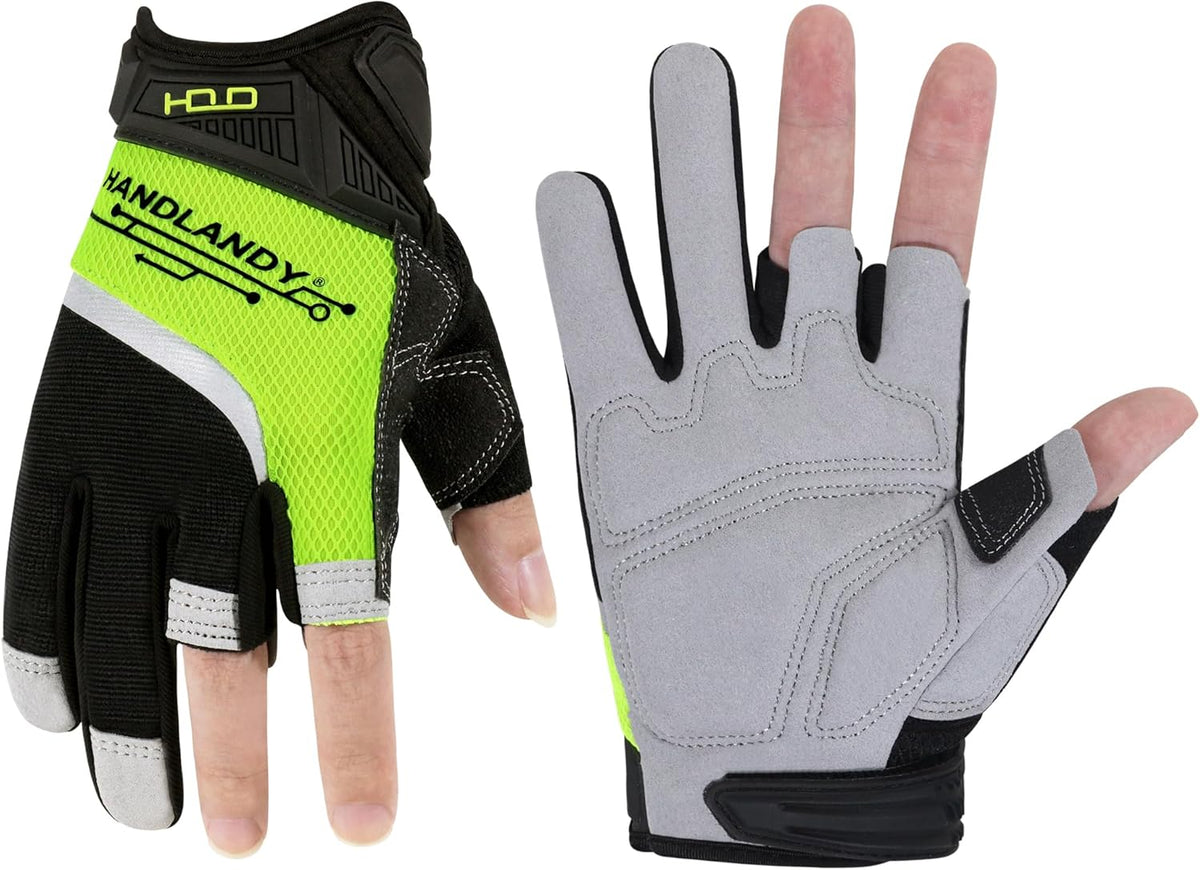 Fingerless Work Gloves for Men Utility Padded Half Finger Driving Working Gloves (Large, Green)