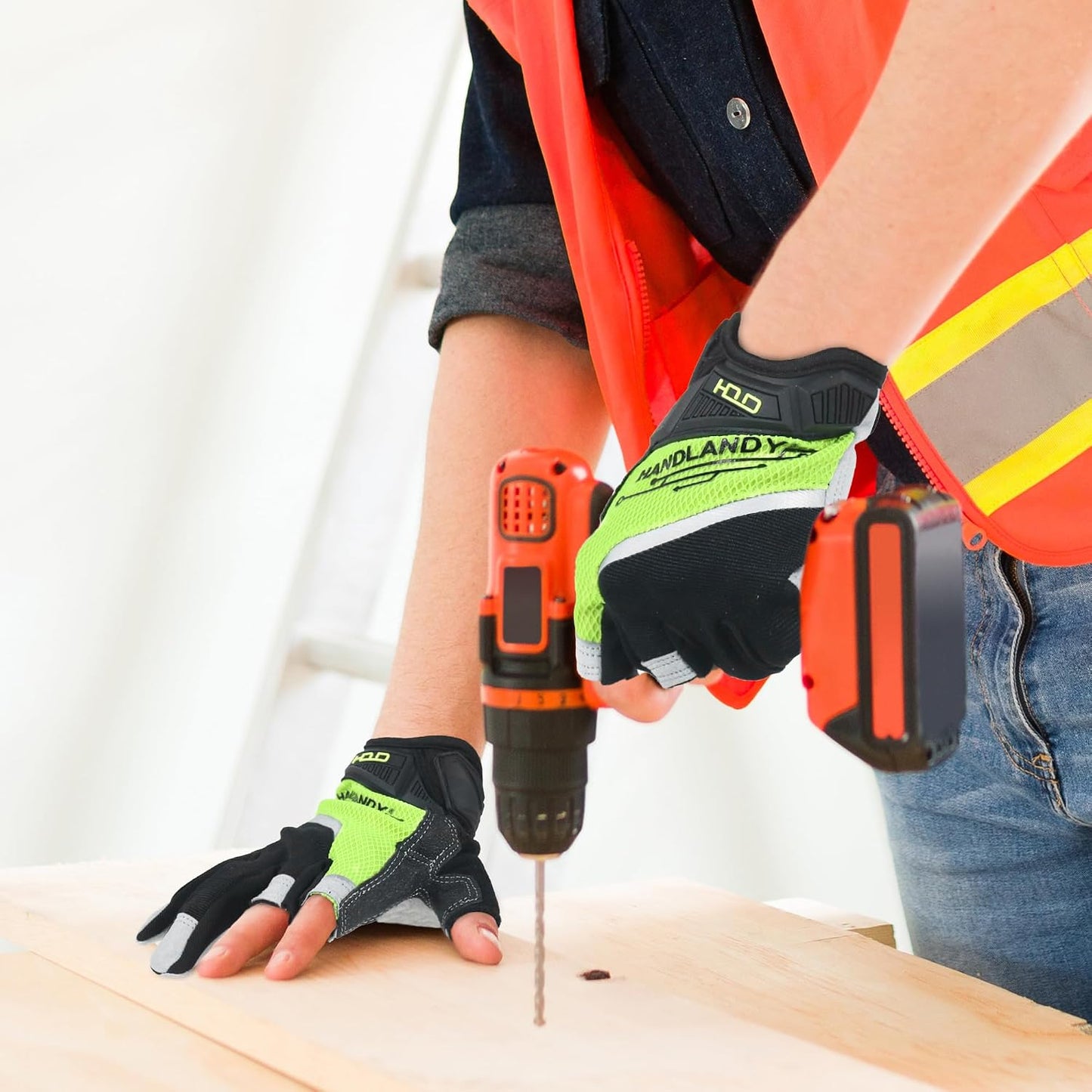 Fingerless Work Gloves for Men Utility Padded Half Finger Driving Working Gloves (Large, Green)