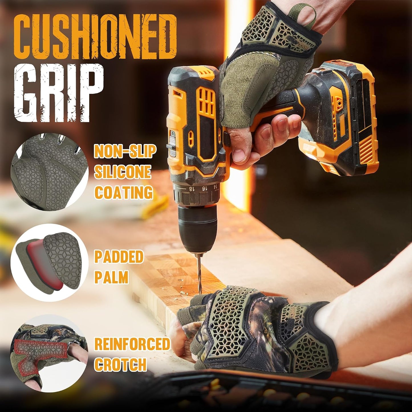 Fingerless Work Gloves for Men Utility Padded Half Finger Driving Working Gloves (Large, Green)
