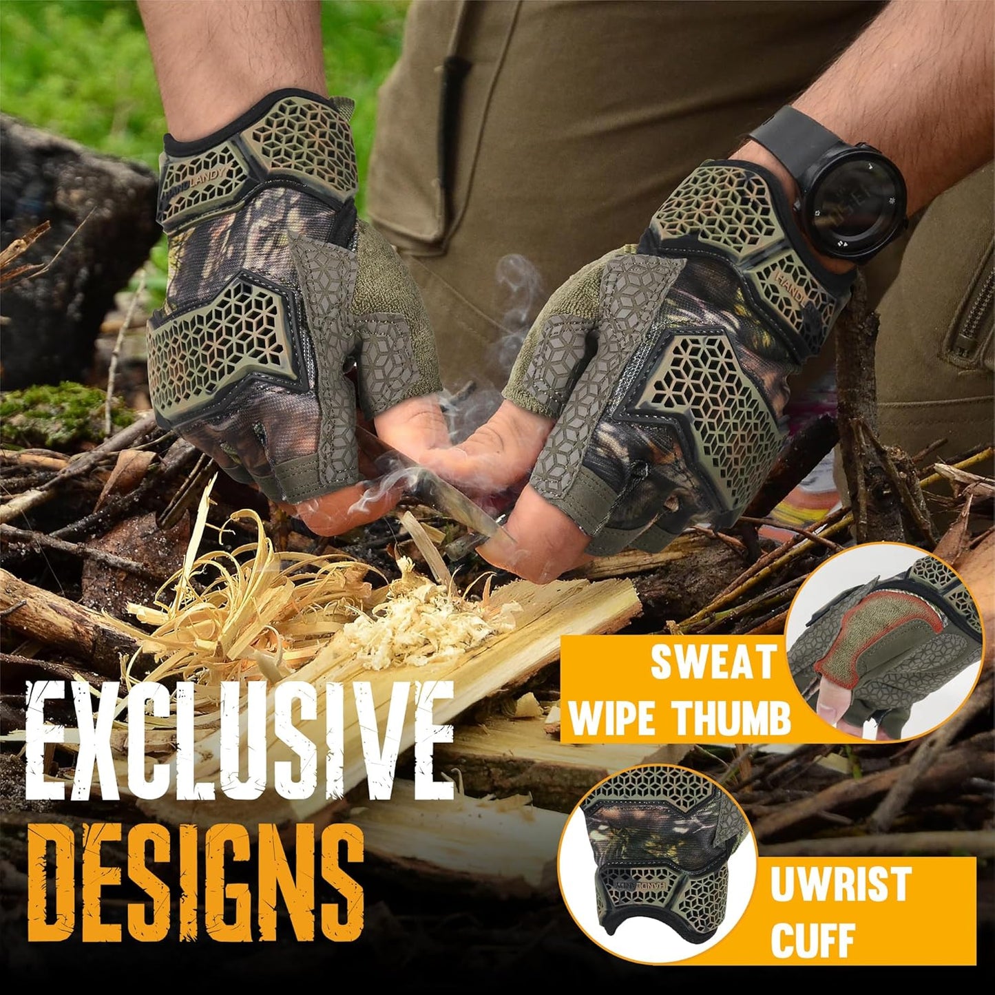 Fingerless Work Gloves for Men Utility Padded Half Finger Driving Working Gloves (Large, Green)