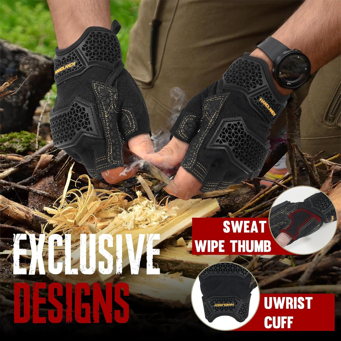 Fingerless Work Gloves for Men Utility Padded Half Finger Driving Working Gloves (Large, Green)