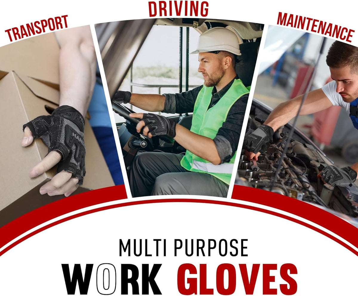 Fingerless Work Gloves for Men Utility Padded Half Finger Driving Working Gloves (Large, Green)