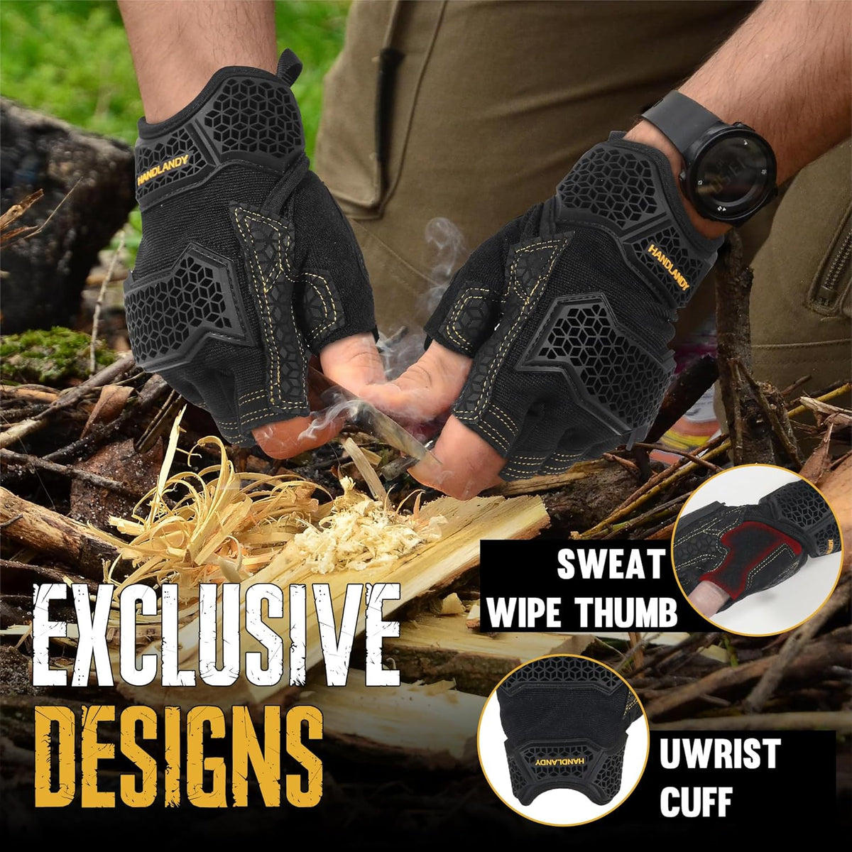 Fingerless Work Gloves for Men Utility Padded Half Finger Driving Working Gloves (Large, Green)