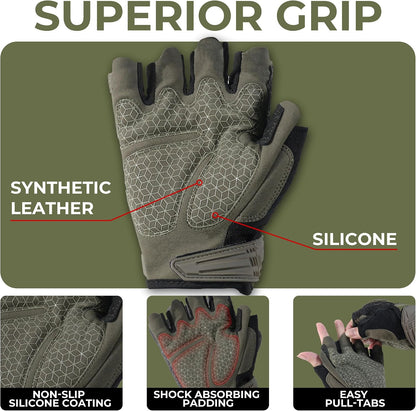 Fingerless Work Gloves for Men Utility Padded Half Finger Driving Working Gloves (Large, Green)
