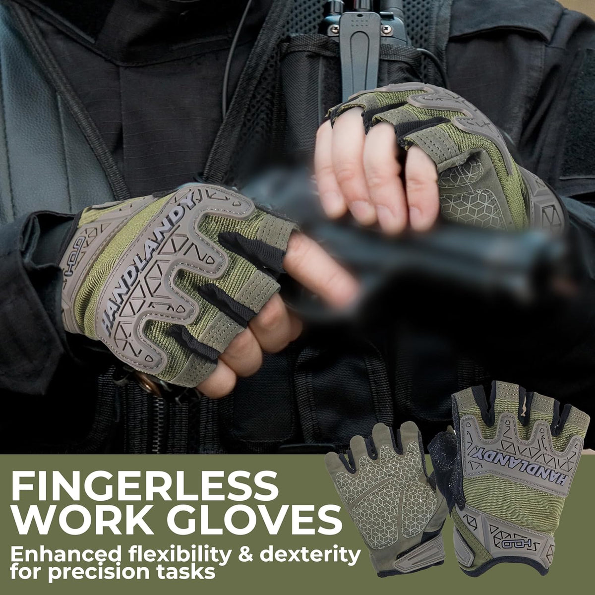 Fingerless Work Gloves for Men Utility Padded Half Finger Driving Working Gloves (Large, Green)