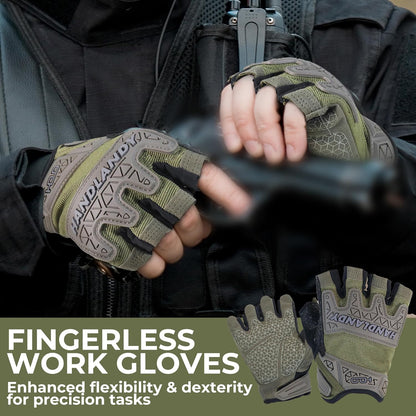 Fingerless Work Gloves for Men Utility Padded Half Finger Driving Working Gloves (Large, Green)