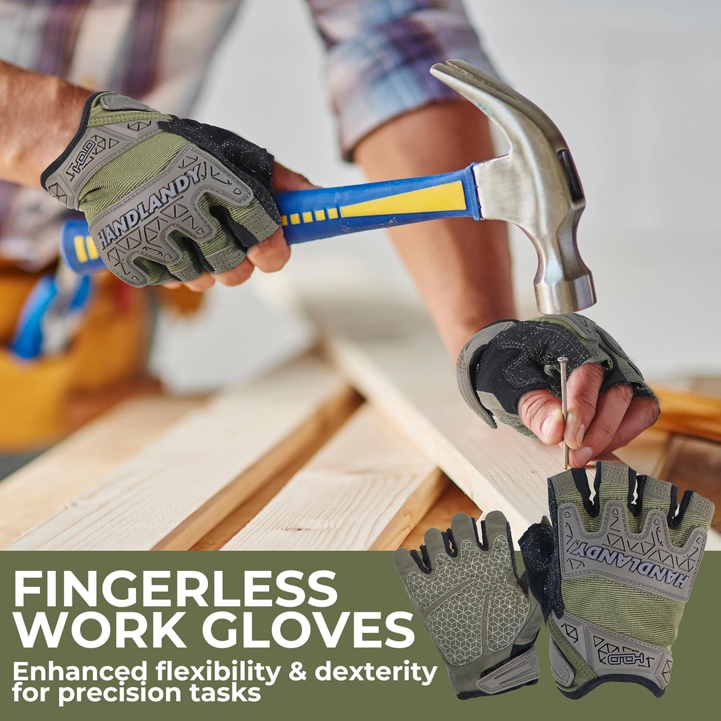 Fingerless Work Gloves for Men Utility Padded Half Finger Driving Working Gloves (Large, Green)