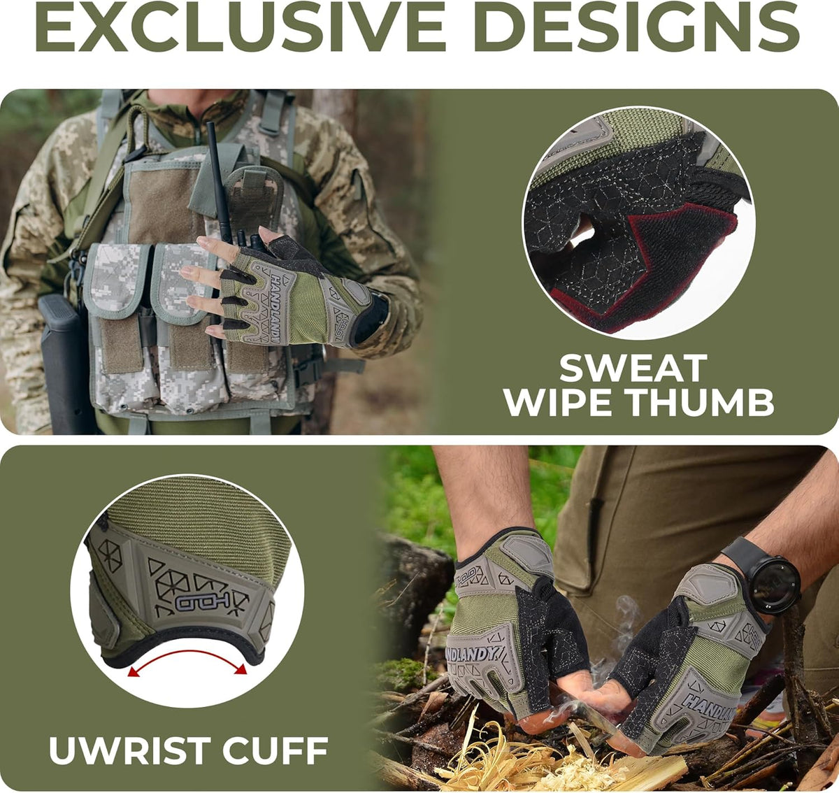Fingerless Work Gloves for Men Utility Padded Half Finger Driving Working Gloves (Large, Green)