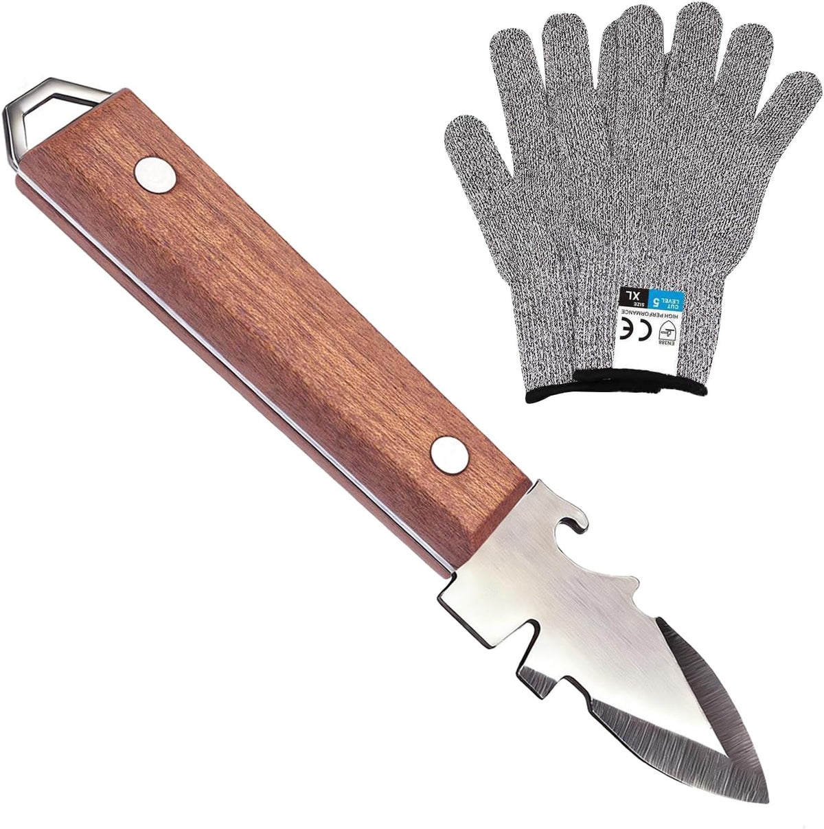 Oyster Knife with Shucking Gloves – Professional Oyster Shucker Seafood Tool Set – Stainless Steel Blade with Hardwood Handle – Multifunctional Shellfish Opener for Oysters, Clams, Mussels
