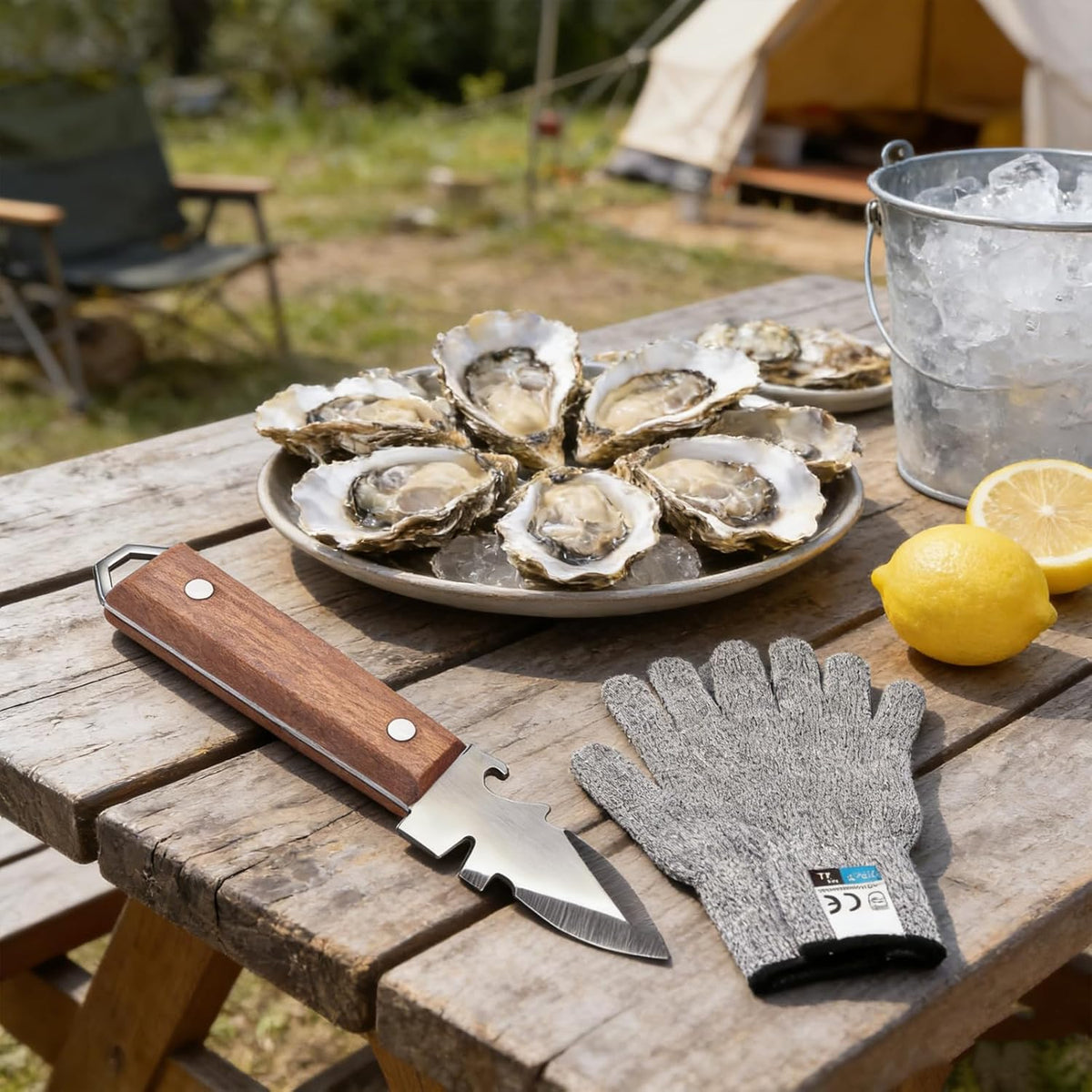 Oyster Knife with Shucking Gloves – Professional Oyster Shucker Seafood Tool Set – Stainless Steel Blade with Hardwood Handle – Multifunctional Shellfish Opener for Oysters, Clams, Mussels