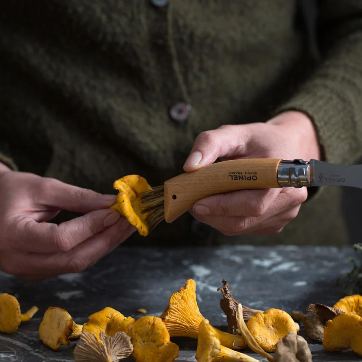 No. 08 Mushroom Knife, Curved Stainless Steel Blade, Brush