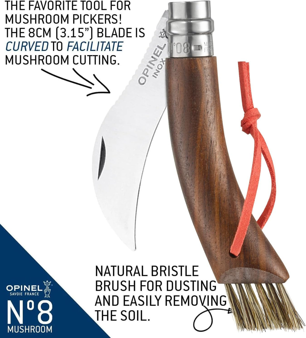 No. 08 Mushroom Knife, Curved Stainless Steel Blade, Brush
