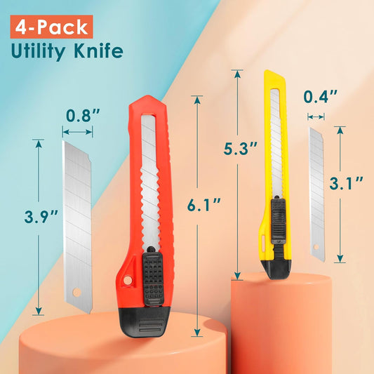 4-Pack Retractable Box Knife Cutters for Home Office Crafts | Retractable sliding blade lets you extend or retract blade freely for safe storage and better protection safety while idle