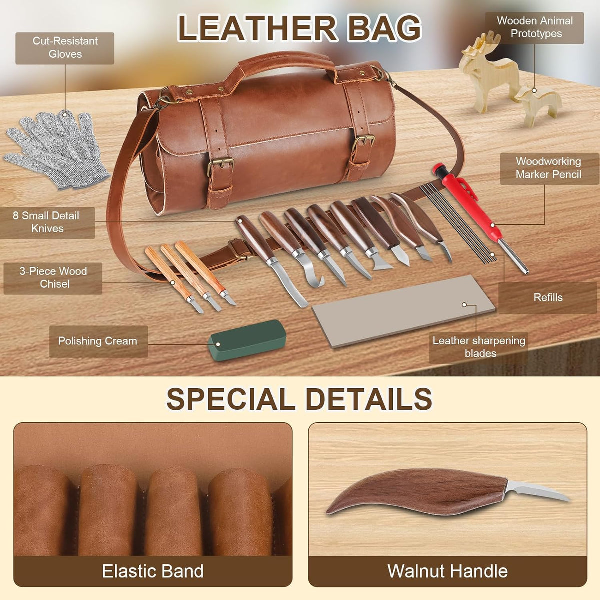Wood Carving Tools Whittling Kit For Woodworking Hobby Wooden Carving Knife Sets For Beginners with Leather Storage Bag DIY Art Craft Gift