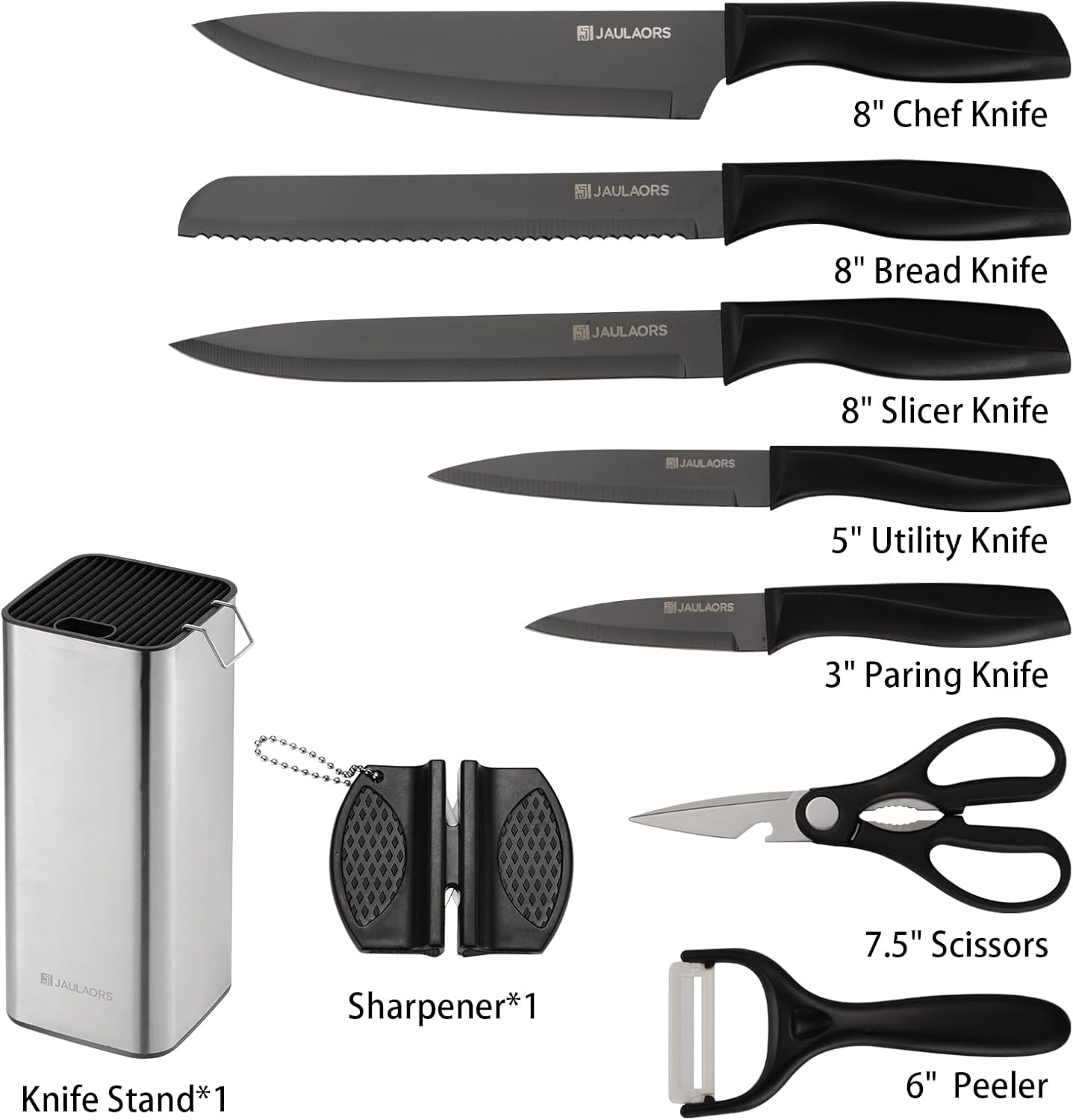 Knife set, 9 Pieces Knives Set for Kitchen with Block and Sharpener, Stainless Steel Dishwasher Safe Knives Set for Kitchen Home Use, Black