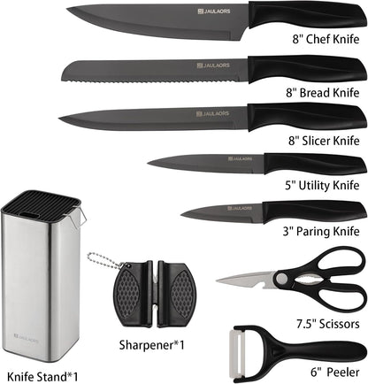 Knife set, 9 Pieces Knives Set for Kitchen with Block and Sharpener, Stainless Steel Dishwasher Safe Knives Set for Kitchen Home Use, Black